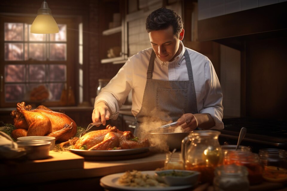 Chef in a professional kitchen preparing chicken with flour for breading.