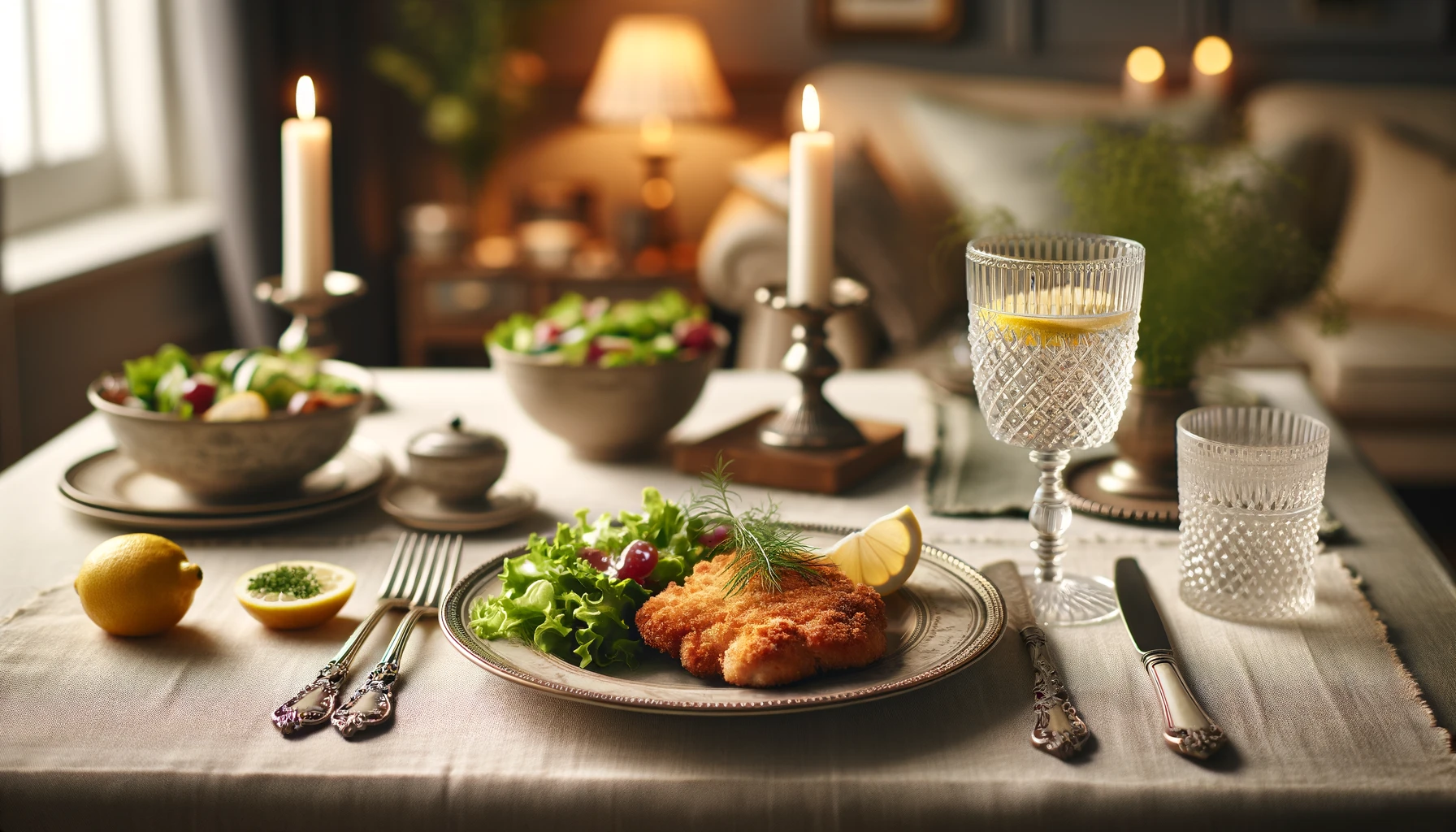 Elegant dinner table setting with chicken cutlets and salad