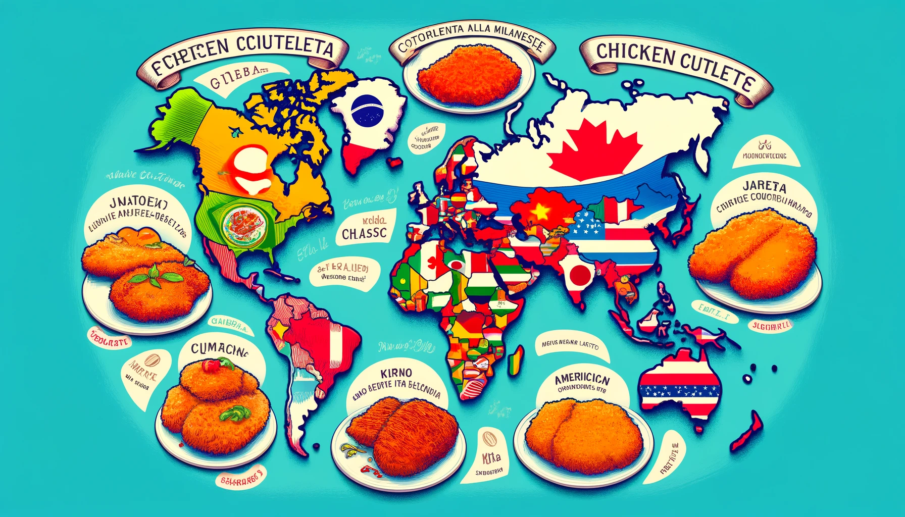 World map with various styles of chicken cutlets from different countries