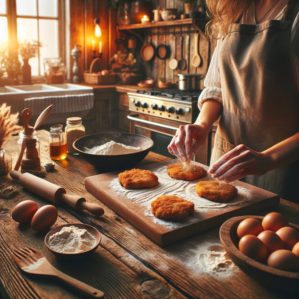 Person coating chicken cutlets in flour in a warmly lit rustic kitchen