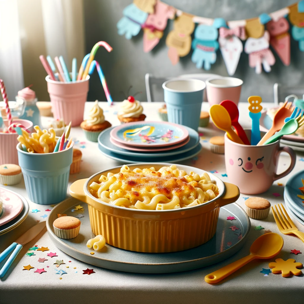 Festive kid-friendly table setting with Macaroni and Cheese Casserole and colorful decorations