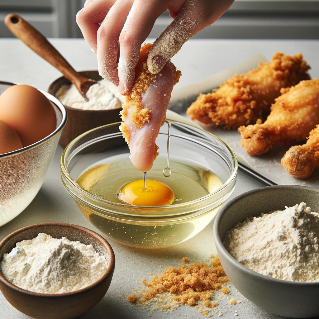 Close-up of chicken dipped in egg wash between stages of flouring and breadcrumb coating.