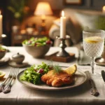 Elegant dinner table setting with chicken cutlets and salad