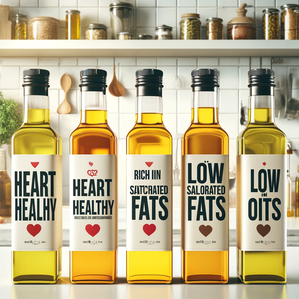 Various cooking oils displayed with labels indicating their health benefits, set in a bright kitchen, promoting a health-conscious cooking lifestyle.