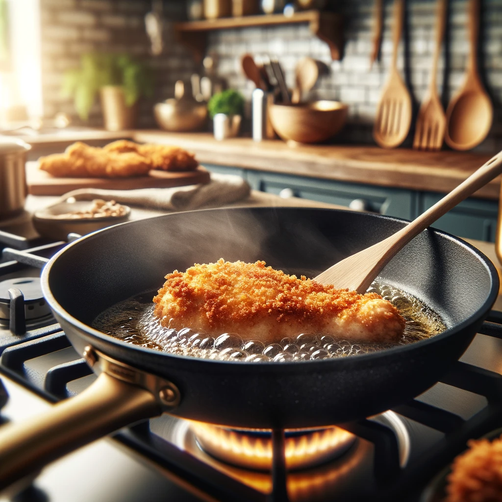 Golden breaded chicken frying in a skillet, demonstrating proper cooking techniques to ensure breading sticks.