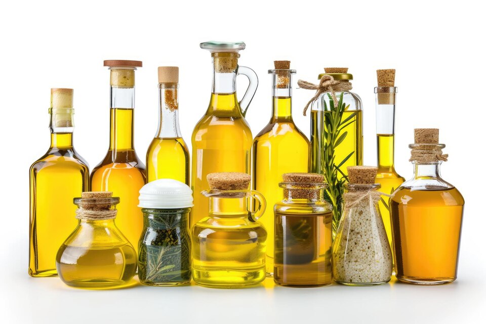 Glass bottles of olive, avocado, and canola oil in a modern kitchen setting, highlighting the diversity of cooking oils.